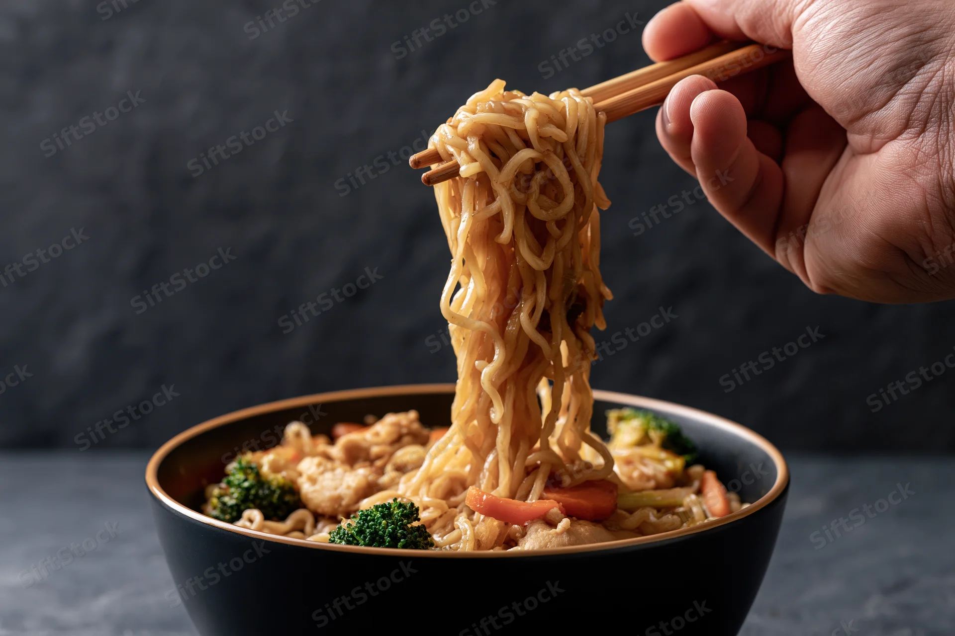 Hand lifting noodles with chopsticks from a bowl of stir-fried chicken and vegetables