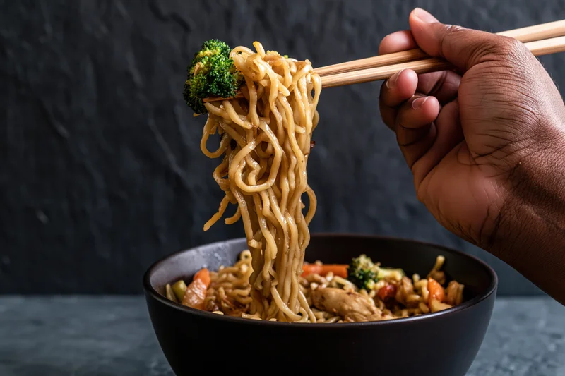 Hand lifting noodles with chopsticks from a bowl of stir-fry with vegetables and chicken