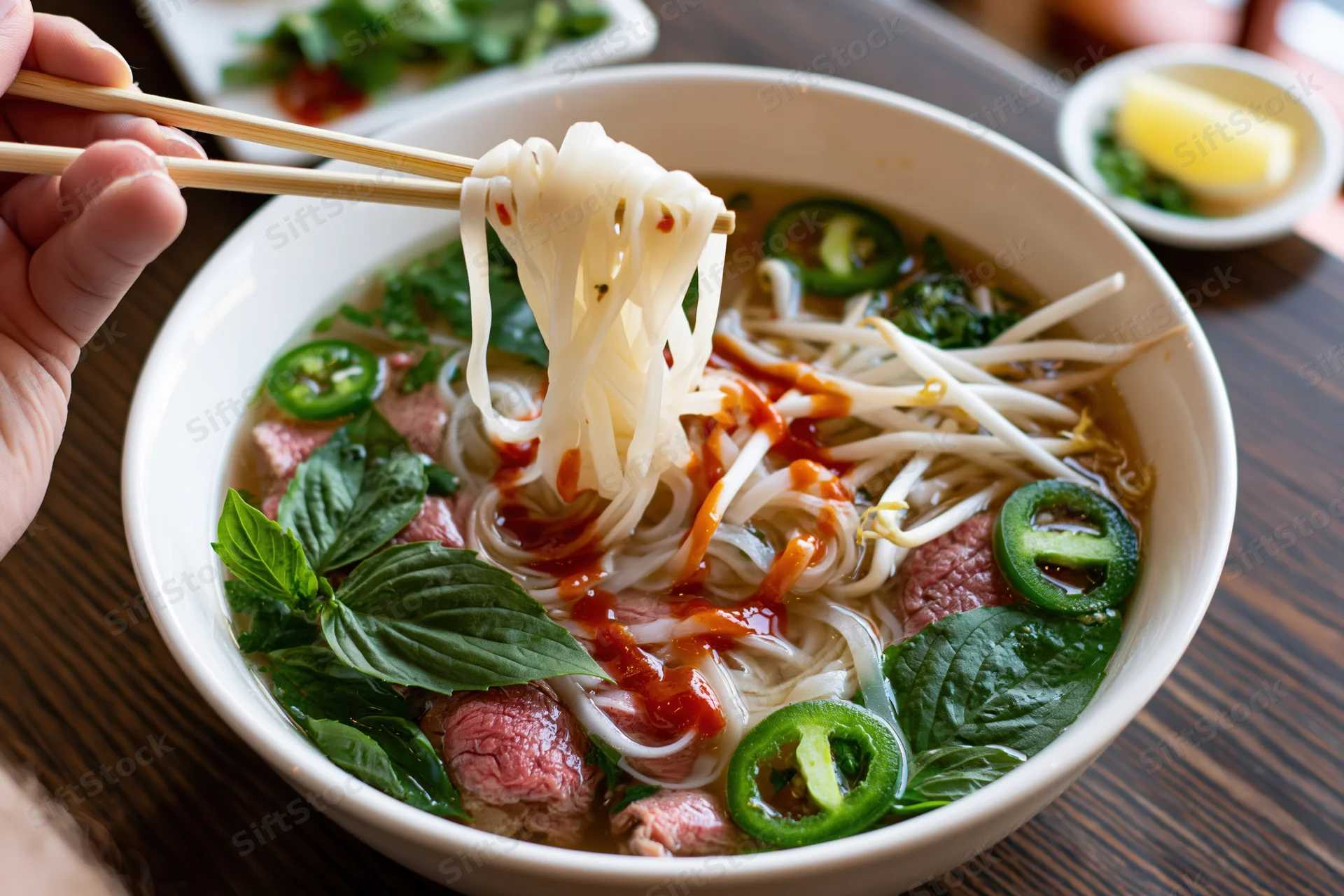 Hand lifting noodles from a bowl of pho with beef, basil, jalapeno and bean sprouts on a dark wooden table