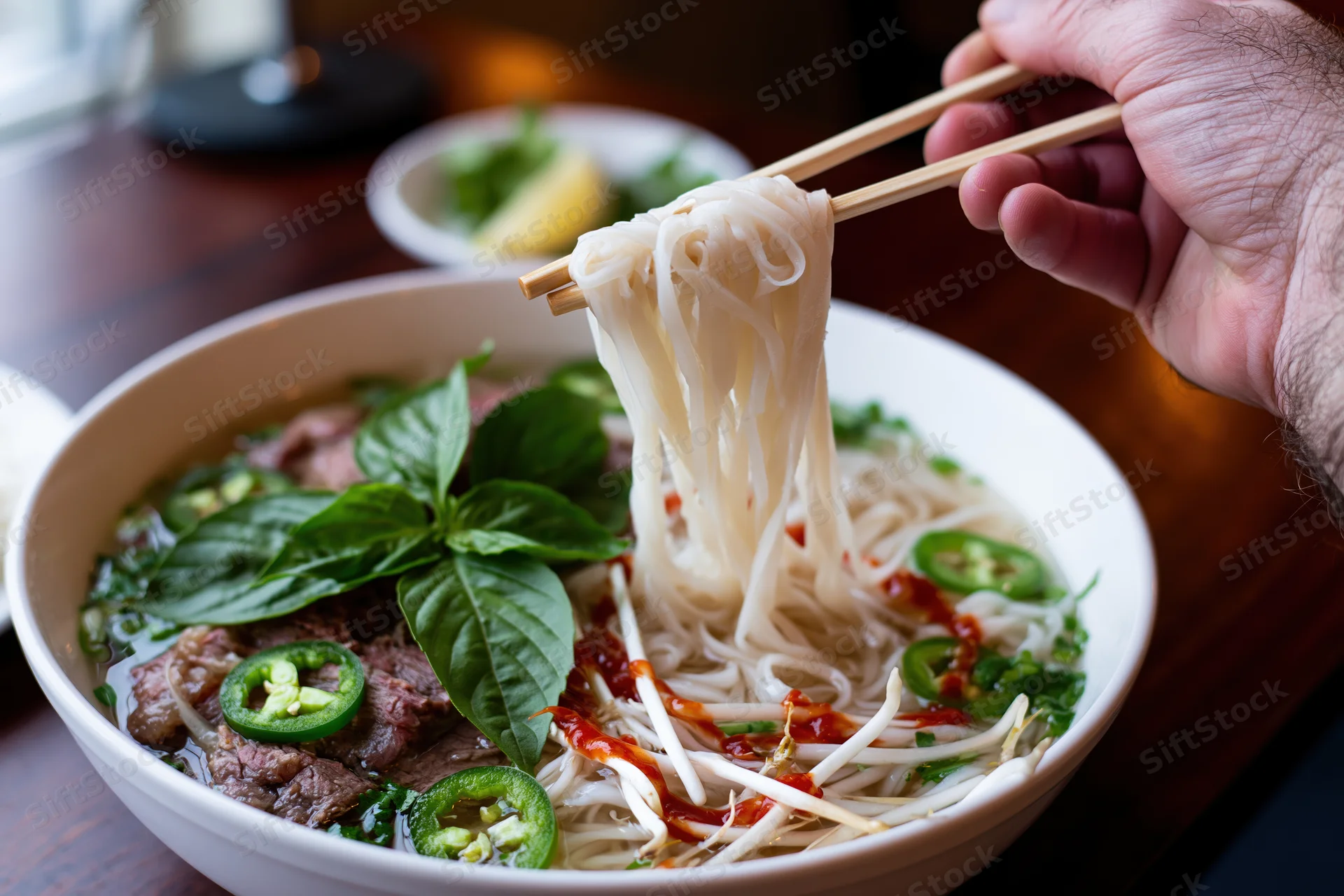 Hand lifting noodles from a bowl of pho with beef, basil, and chili on a wooden table