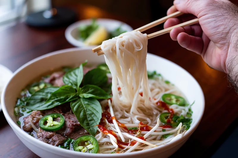 Hand lifting noodles from a bowl of pho with beef, basil, and chili on a wooden table
