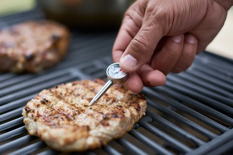 Hand inserting dial meat thermometer probe into grilled pork burger on barbecue grill