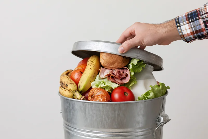 Hand lifting metal lid off a trashcan filled with food waste including bananas, tomatoes, lettuce, bread and milk
