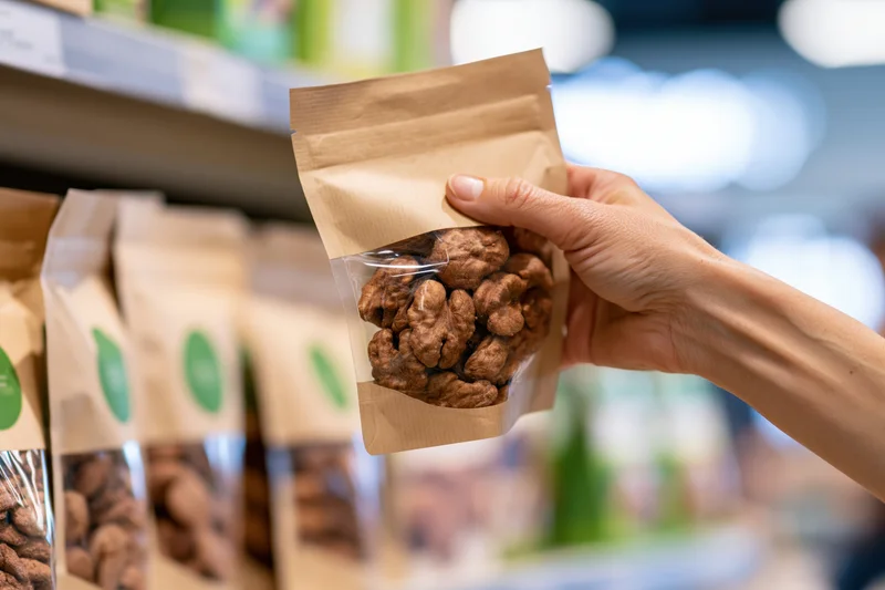 Hand holding a kraft paper and clear plastic pouch of walnuts in a grocery store aisle