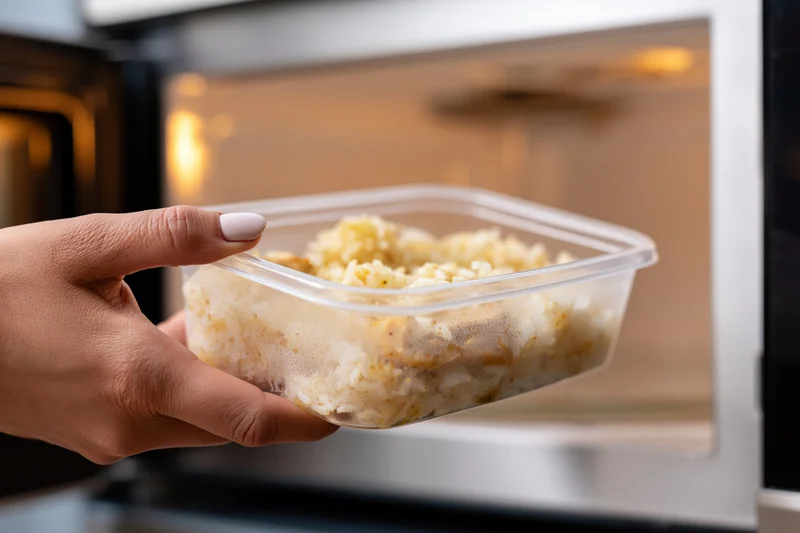 Hand holding clear plastic container of rice in front of microwave