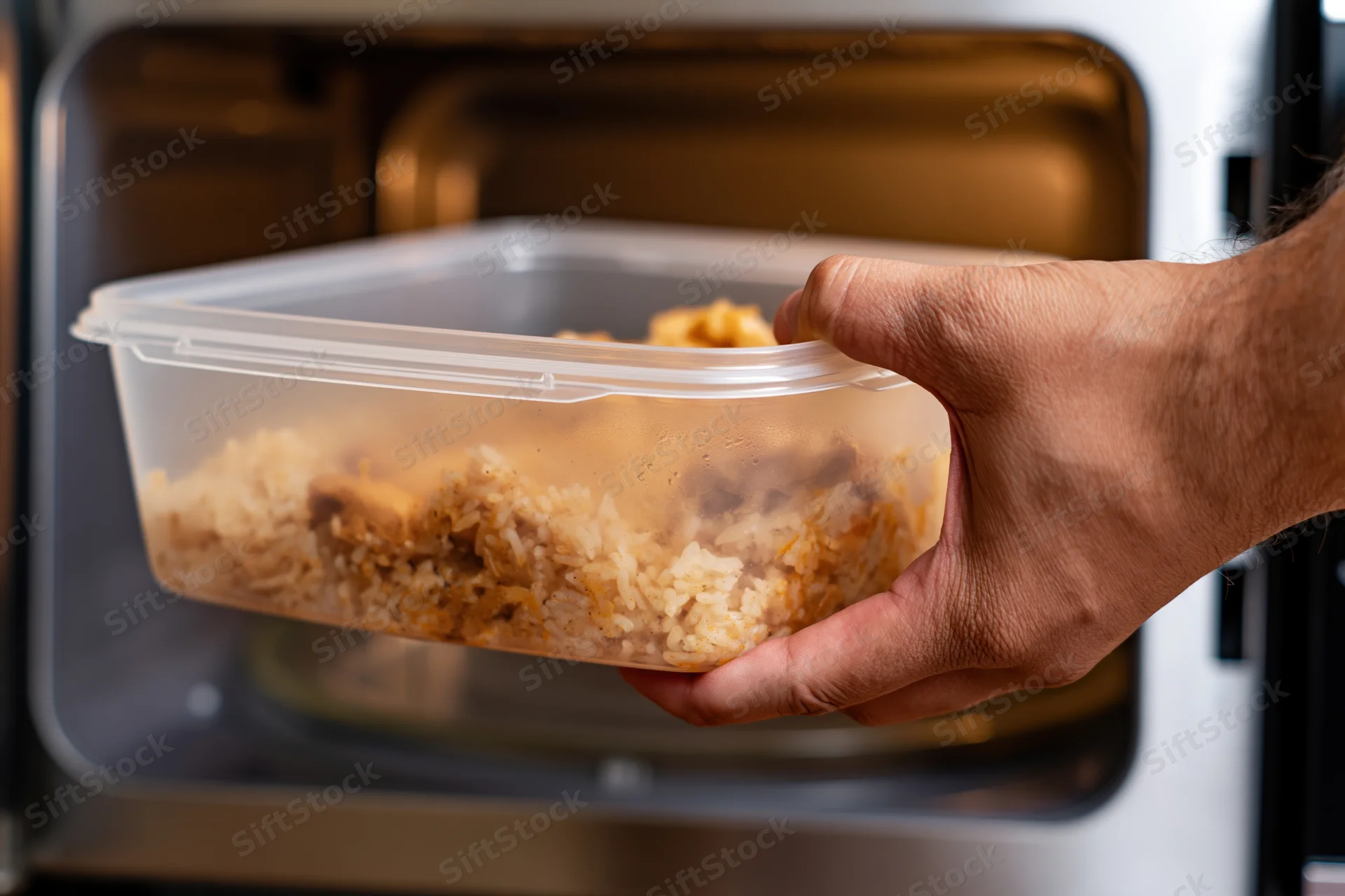 Hand placing a clear plastic container of rice into a microwave