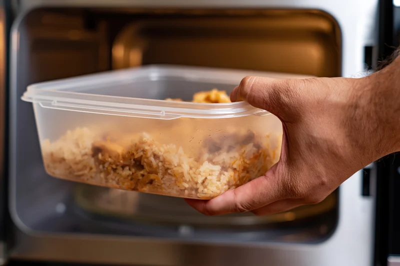 Hand placing a clear plastic container of rice into a microwave