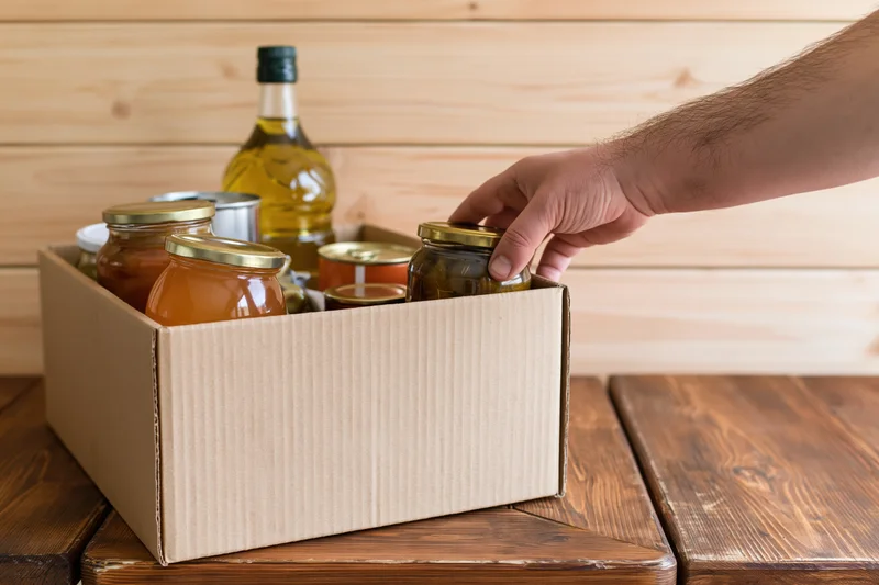 Hand reaching into open cardboard box filled with glass jars of food on wooden table