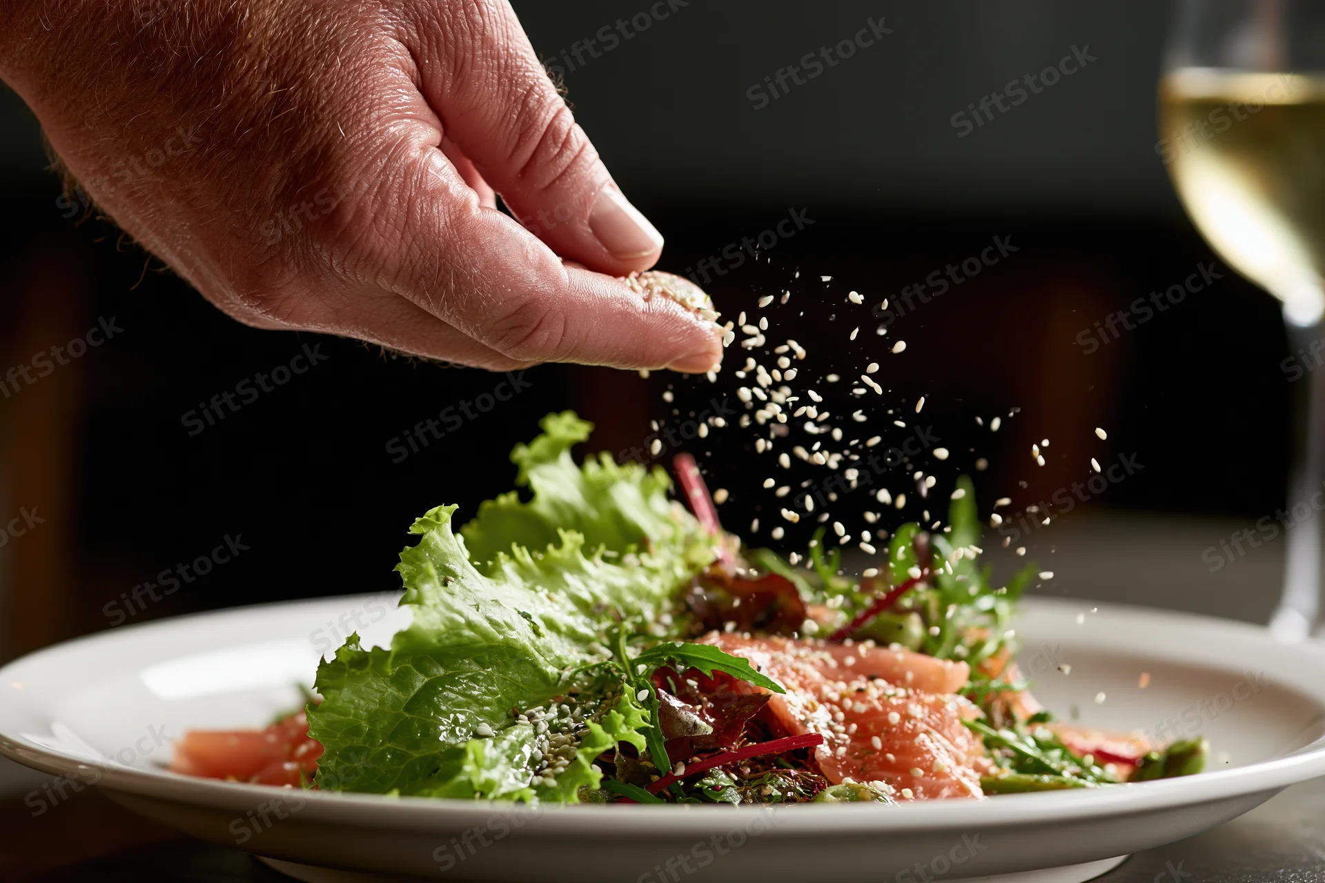 Hand sprinkling sesame seeds over a plated salmon salad with greens and wine glass beside