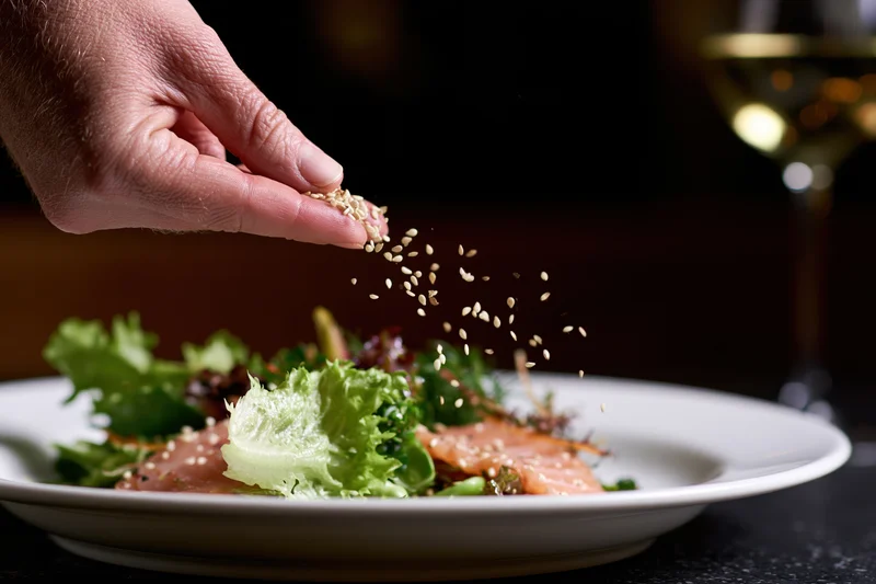 Hand sprinkling sesame seeds over a plated salmon salad with lettuce on a white plate