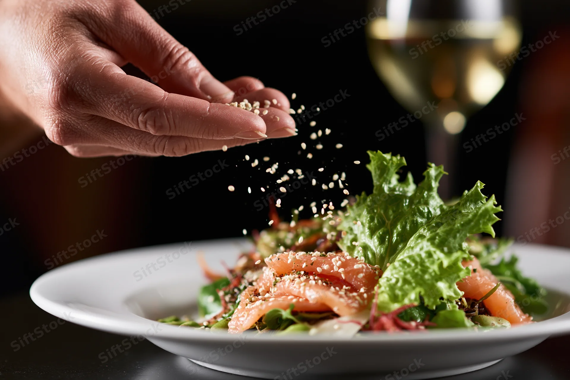 Hand sprinkling sesame seeds over a plated salmon salad with lettuce and wine glass in background