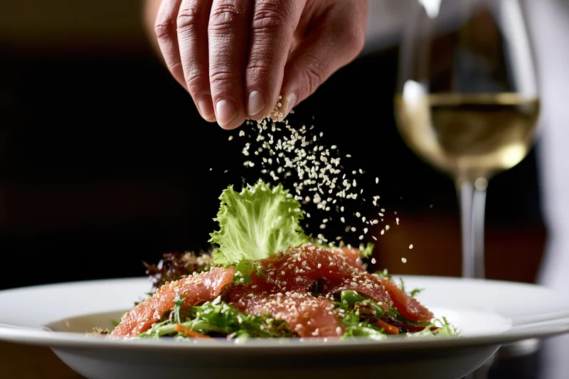 Hand sprinkling sesame seeds over plated salmon salad with lettuce and greens on white plate