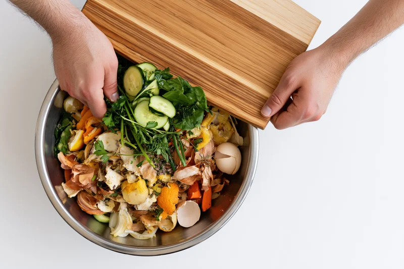 Hands tilting wooden cutting board to scrape vegetable and fruit scraps into metal bowl