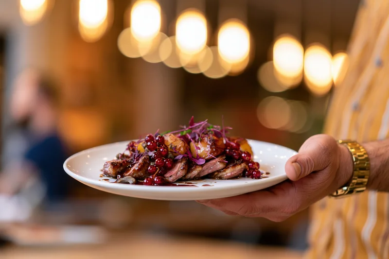 Hand holding a plated seared meat dish with berries and sauce in a warmly lit restaurant interior