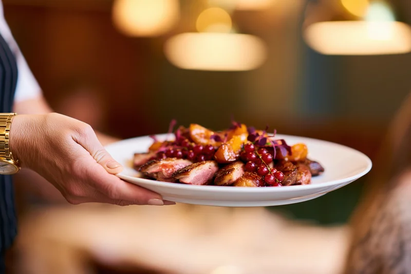 Hand holding a plated seared duck dish with fruit garnish in a restaurant setting