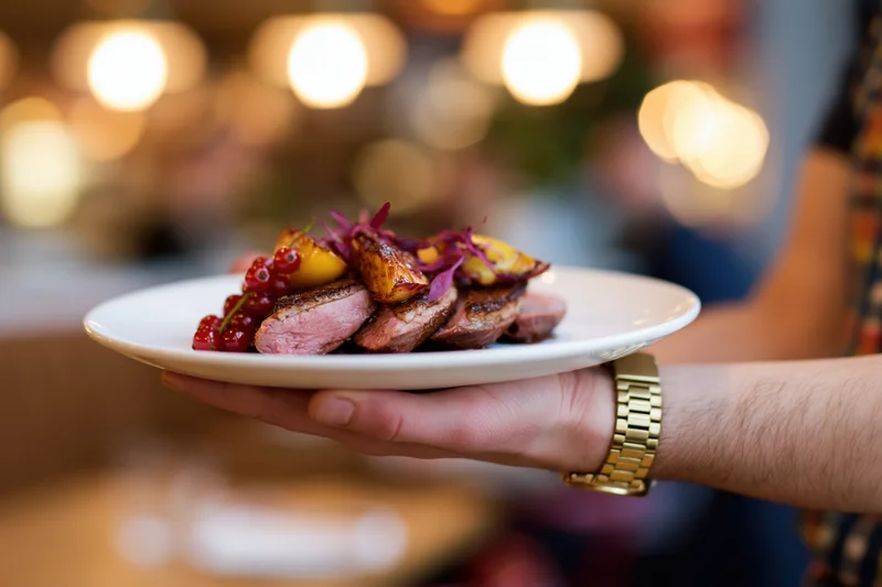 Hand holding a plated seared duck breast with vegetables and red currants in a restaurant setting