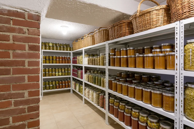 Rows of glass jars filled with canned food on white metal shelves in a basement pantry with brick walls and tiled floor