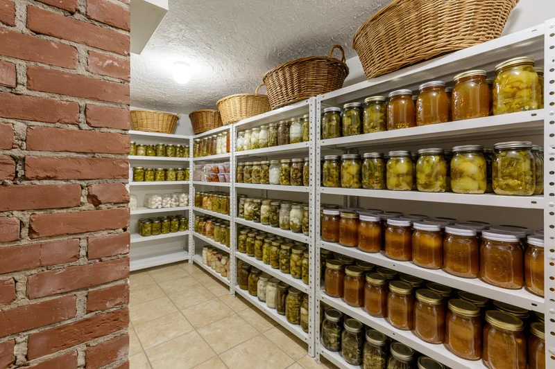 Rows of glass jars filled with preserved food on white metal shelves in a basement pantry with exposed brick wall and tiled floor