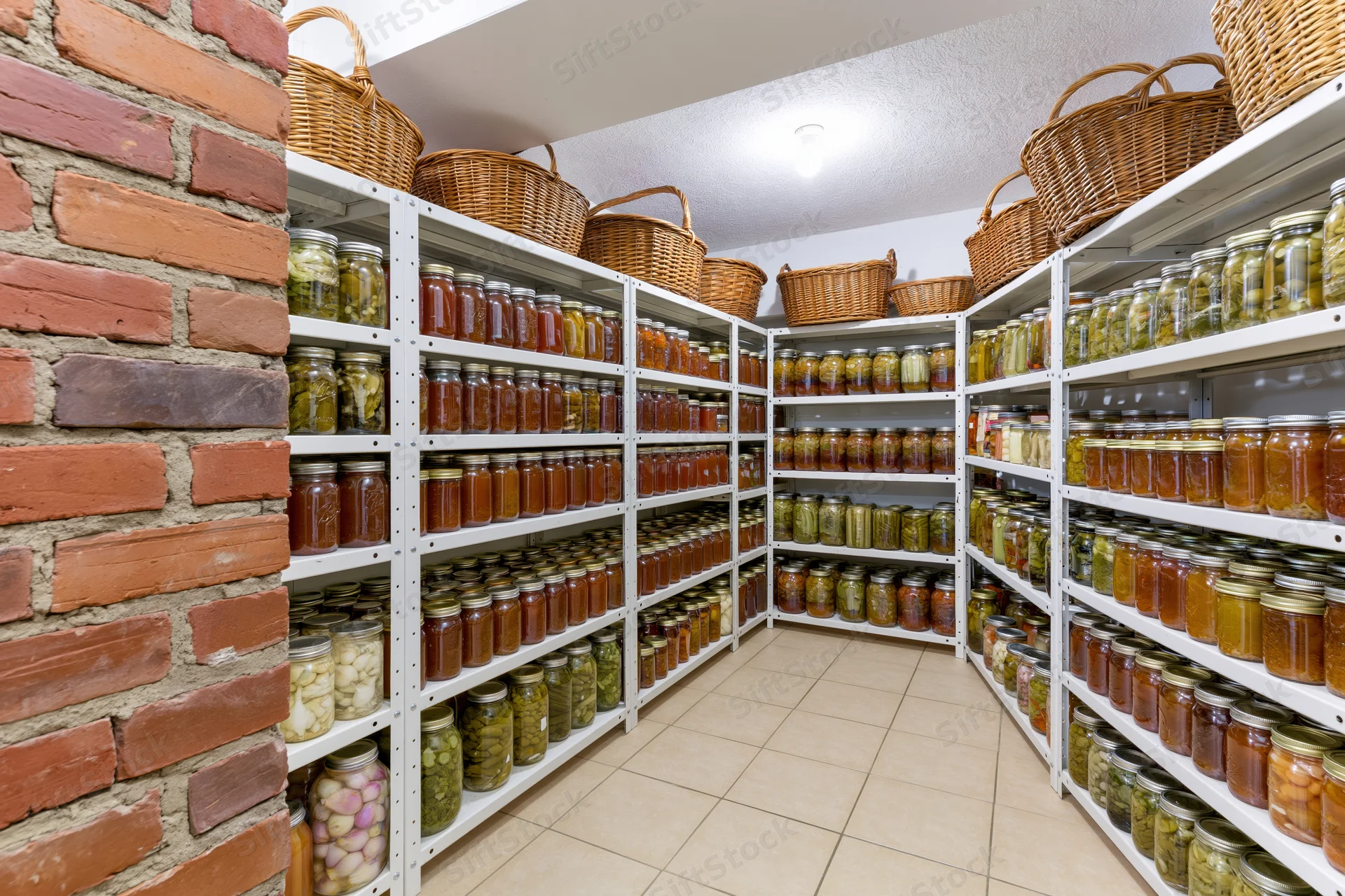 White metal shelves filled with jars of canned food in a basement pantry with brick wall and tiled floor