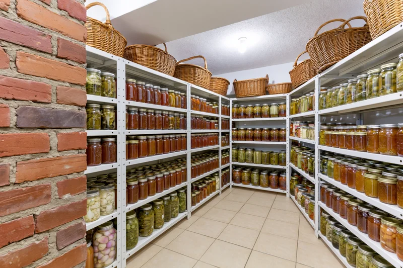 White metal shelves filled with jars of canned food in a basement pantry with brick wall and tiled floor