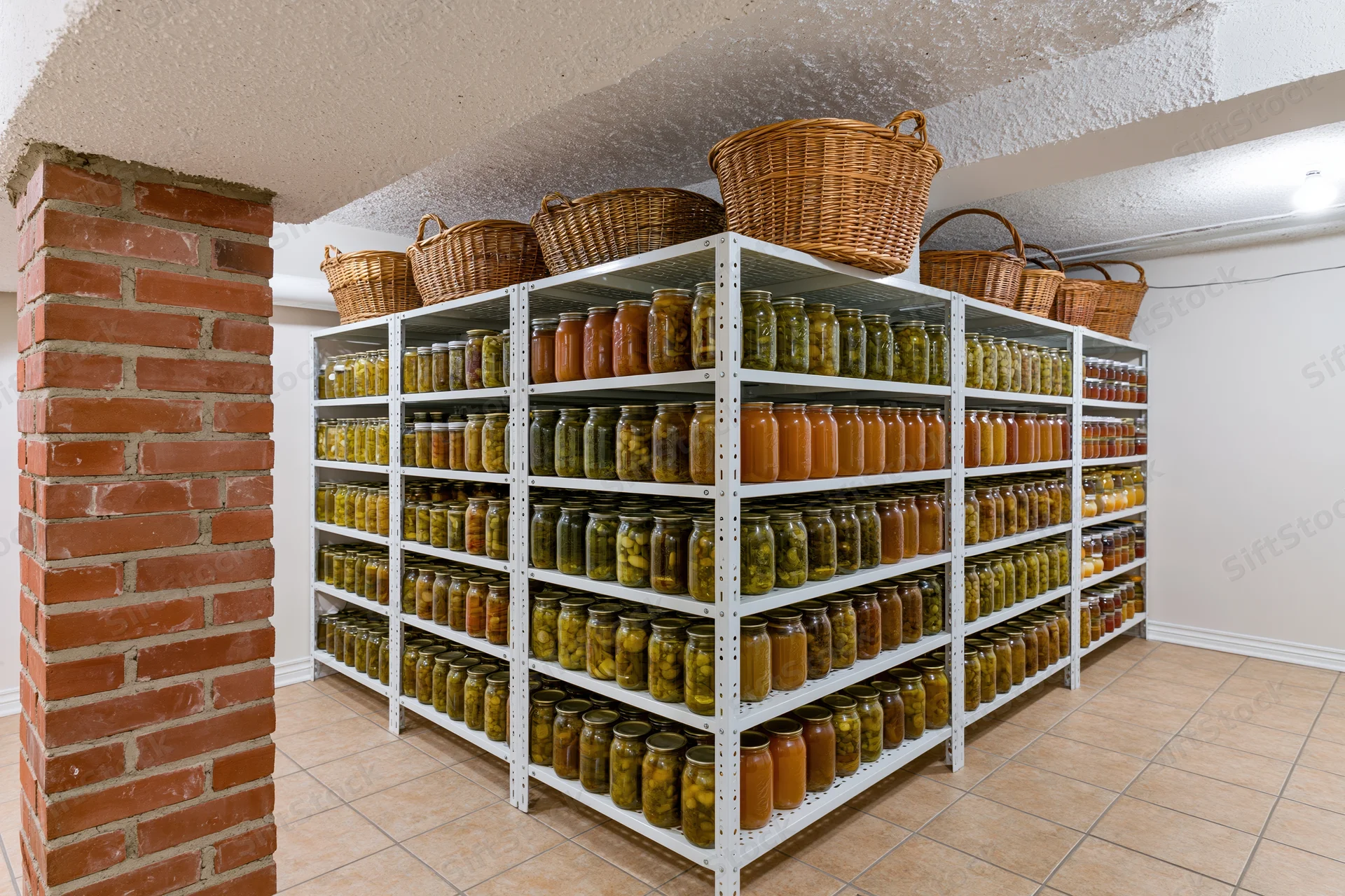 White metal shelves filled with jars of canned food in a basement pantry with brick column and tiled floor