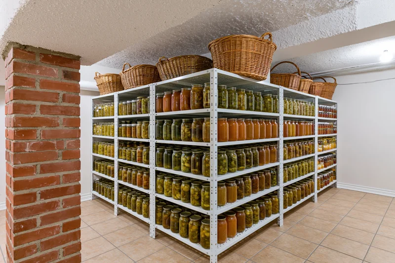 White metal shelves filled with jars of canned food in a basement pantry with brick column and tiled floor