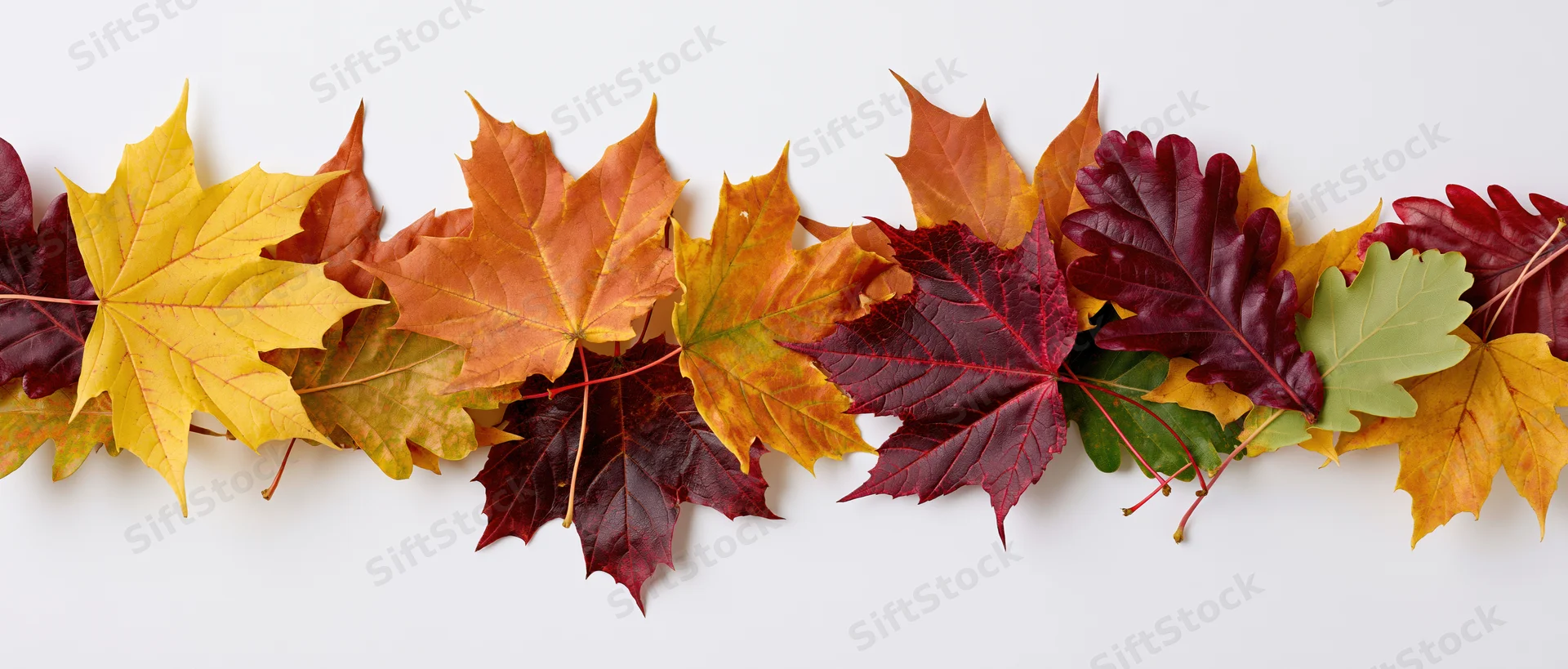 Horizontal row of colorful autumn maple leaves arranged on white background
