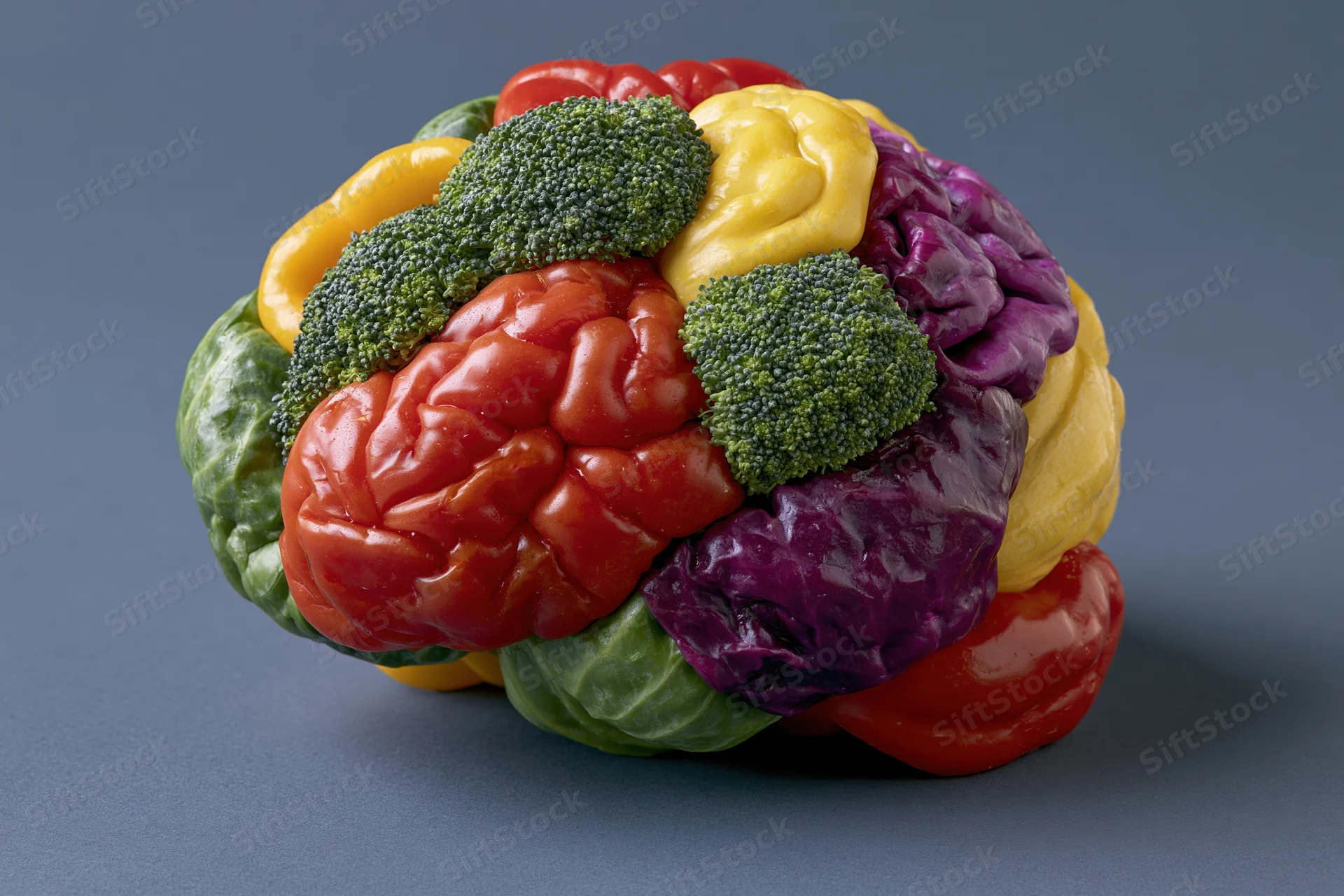 Vegetable sculpture shaped like a human brain on a gray surface