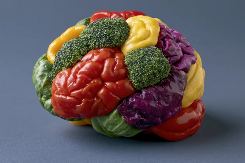 Vegetable sculpture shaped like a human brain on a gray surface