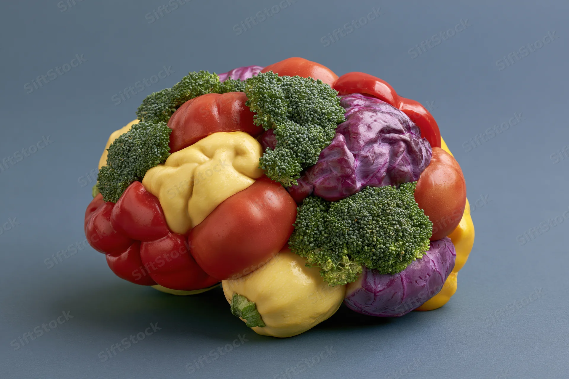 Vegetable sculpture shaped like a human brain on a gray surface