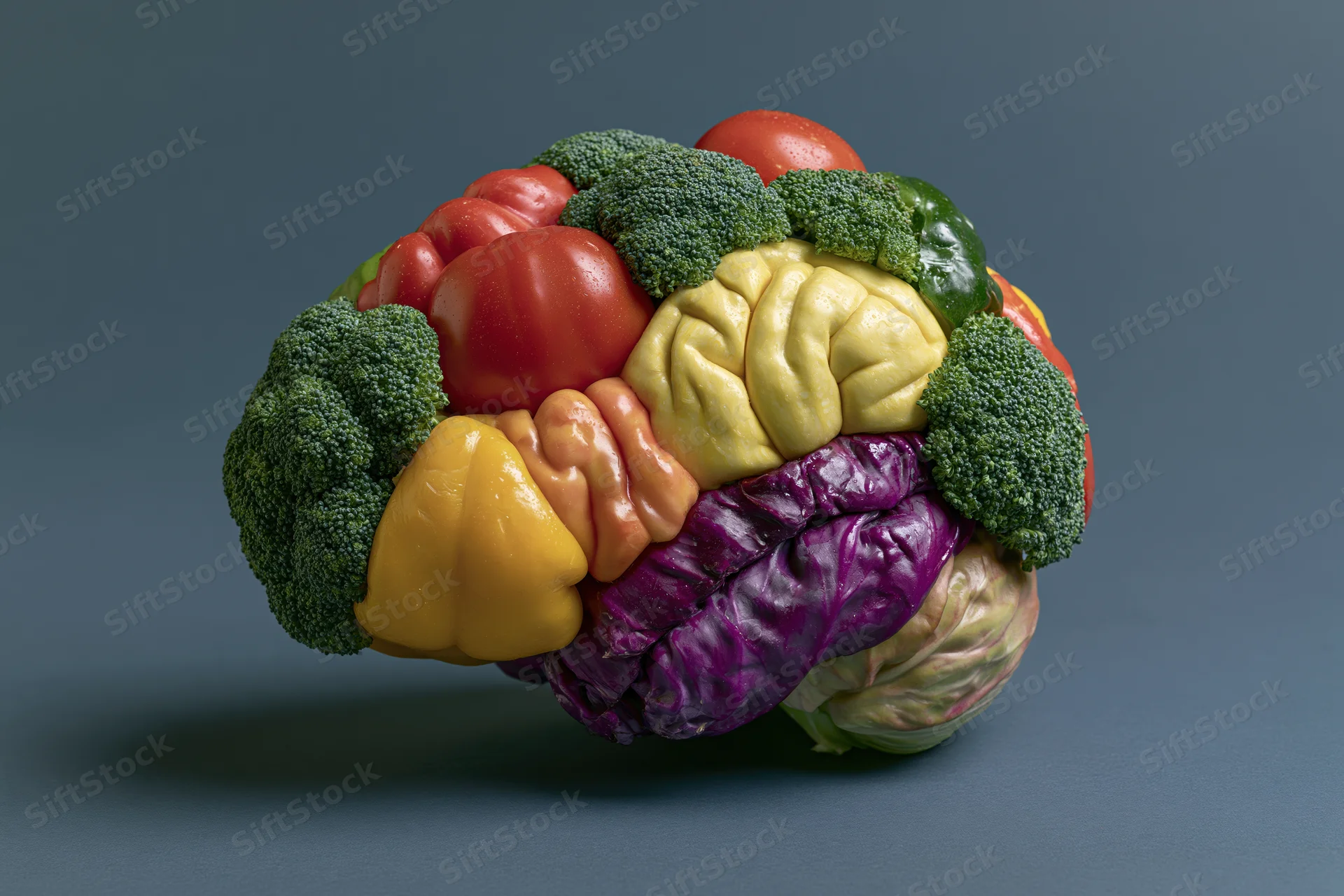 Vegetable sculpture shaped like a human brain on a gray background