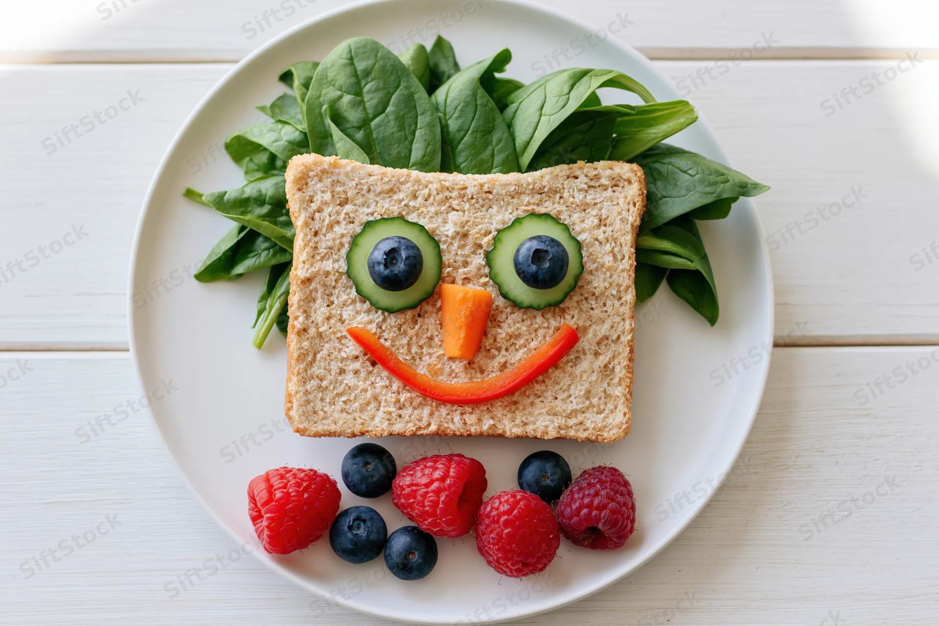 Kids sandwich decorated as a smiley face with vegetables and fruit on a white plate