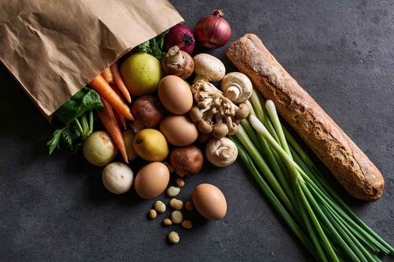 Kraft paper grocery bag tipped over spilling fresh vegetables, fruits, eggs, bread and legumes on dark surface