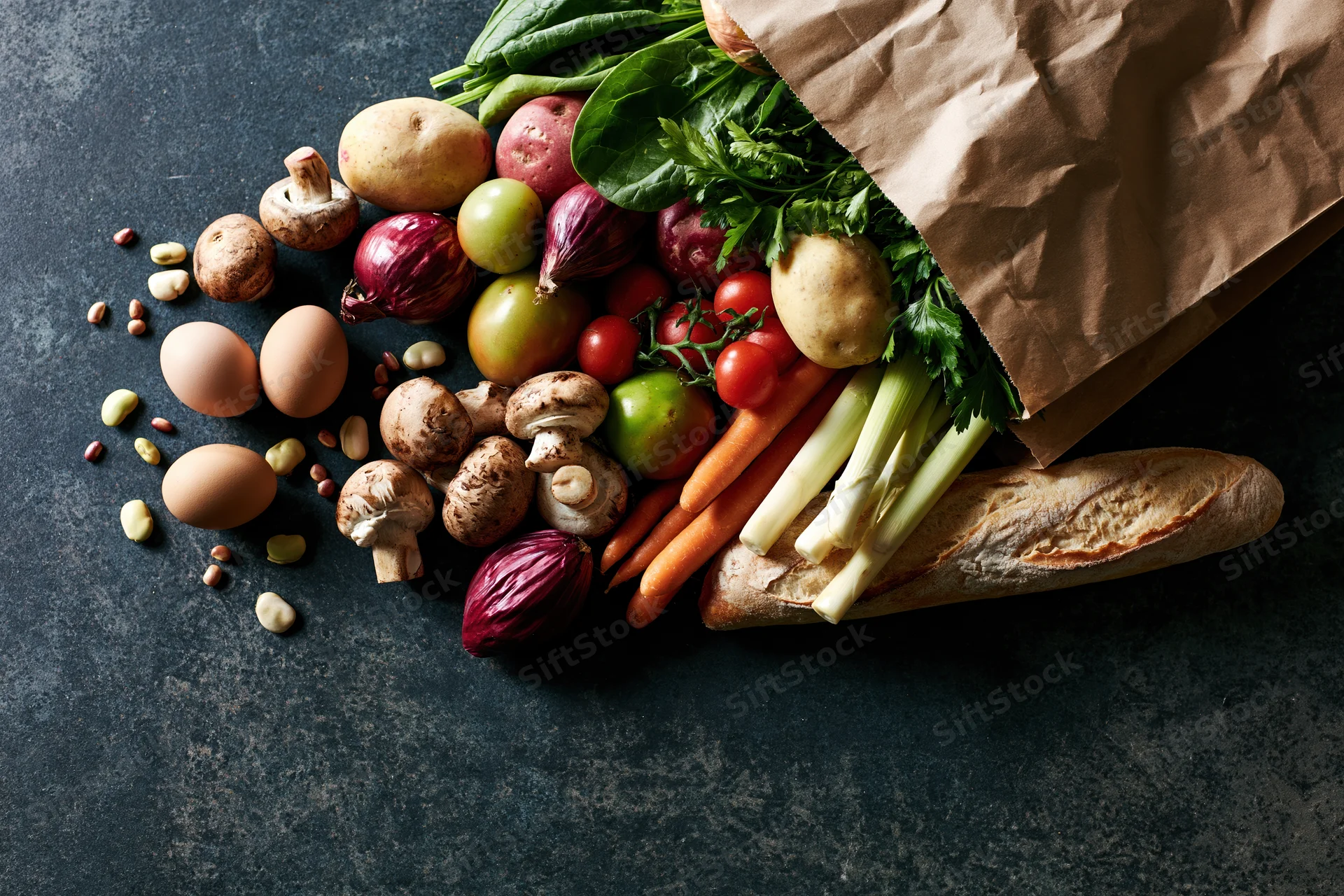 Kraft paper grocery bag tipped on its side spilling fresh vegetables fruits bread eggs and beans onto dark countertop