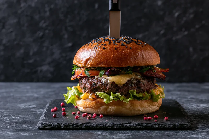 Large gourmet burger with steak knife stabbed vertically on slate plate