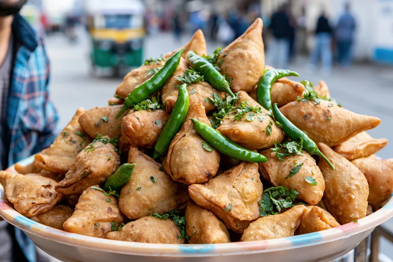 Golden fried samosas piled high in a bowl topped with green chilies and cilantro at a street market
