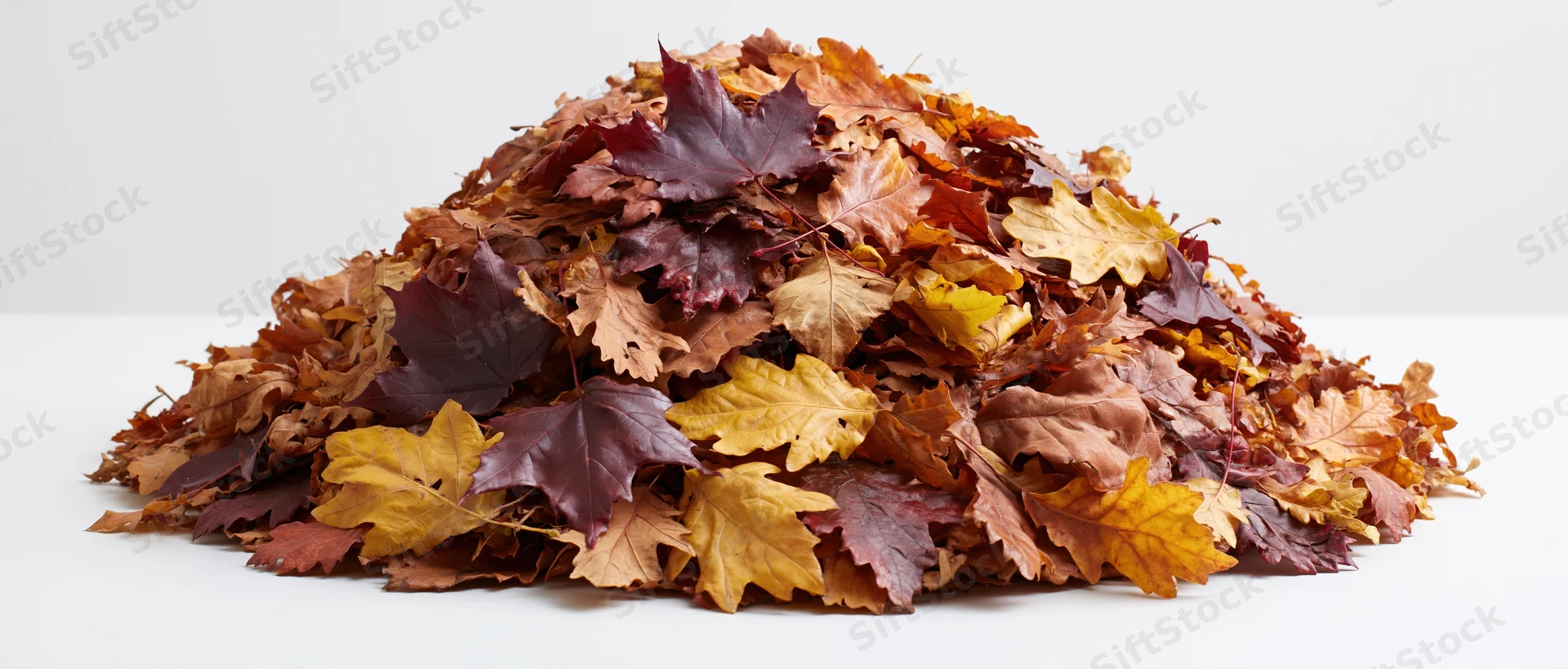 A large pile of raked autumn leaves on a white surface