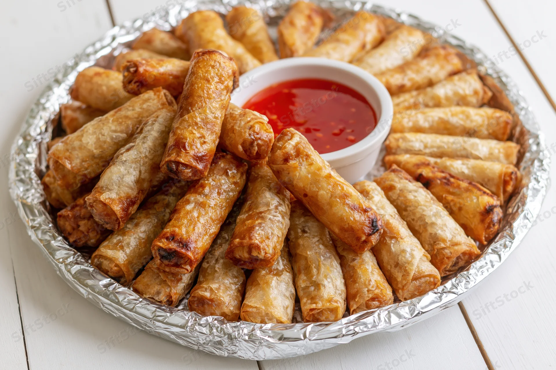 Fried lumpia springrolls piled on a foil-covered tray with red dipping sauce on a white wooden table