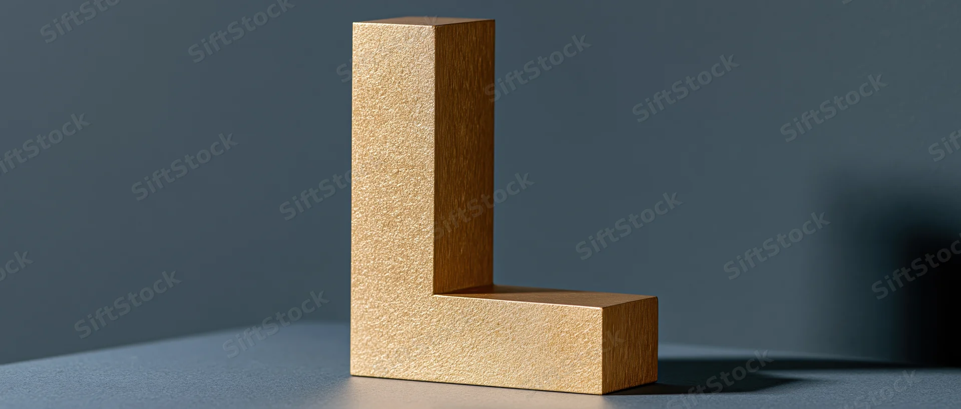 Large three-dimensional gold letter l on a gray surface with soft shadow and copyspace