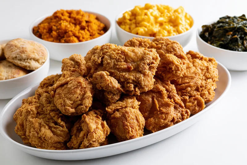 Golden-brown fried chicken piled high on a white oval platter with side dishes of biscuits, macaroni and cheese, collard greens, and rice in small bowls around it