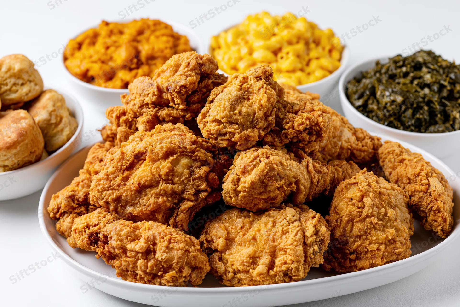Golden-brown fried chicken piled high on a white oval platter with side dishes of biscuits, mac and cheese, and collard greens