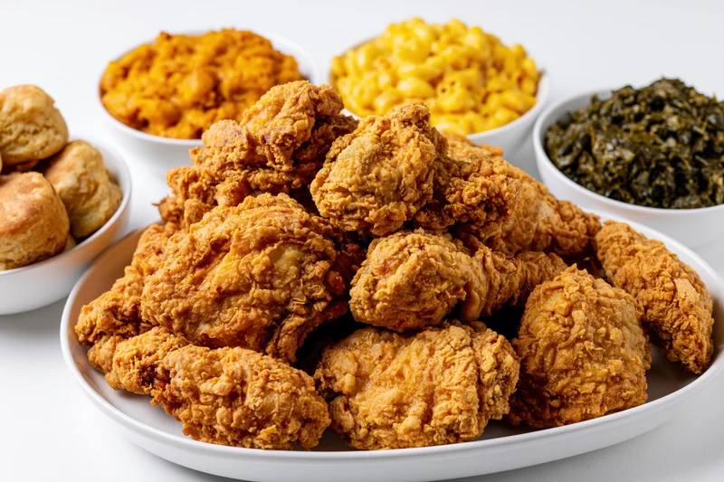 Golden-brown fried chicken piled high on a white oval platter with side dishes of biscuits, mac and cheese, and collard greens