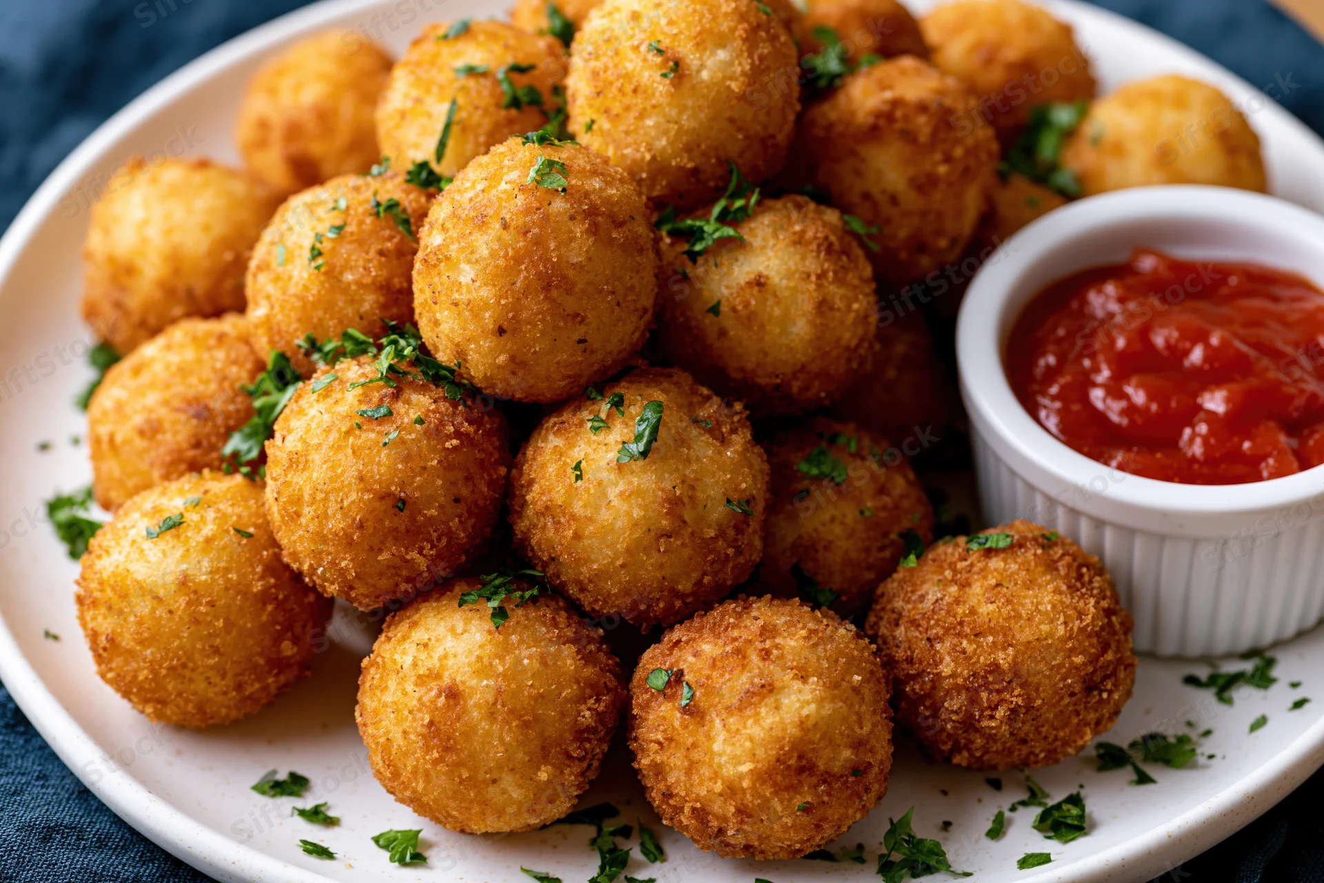 Golden-brown fried potato balls piled on a white plate with ketchup and parsley garnish