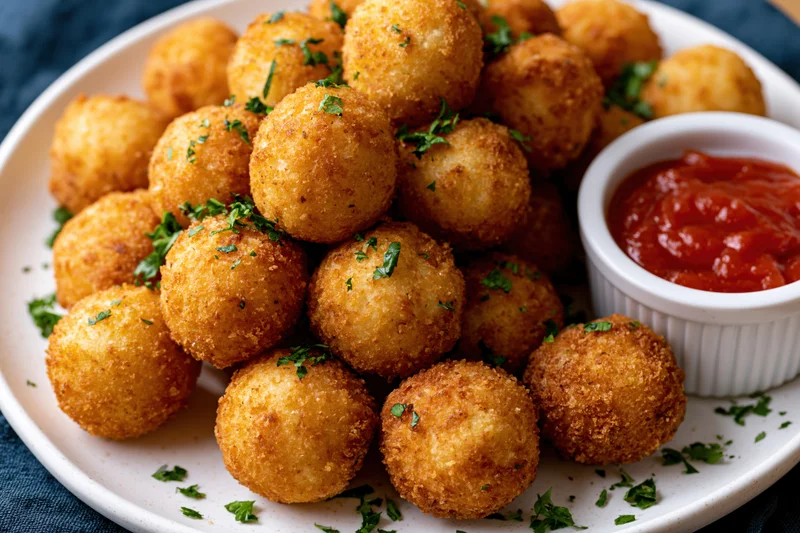 Golden-brown fried potato balls piled on a white plate with ketchup and parsley garnish