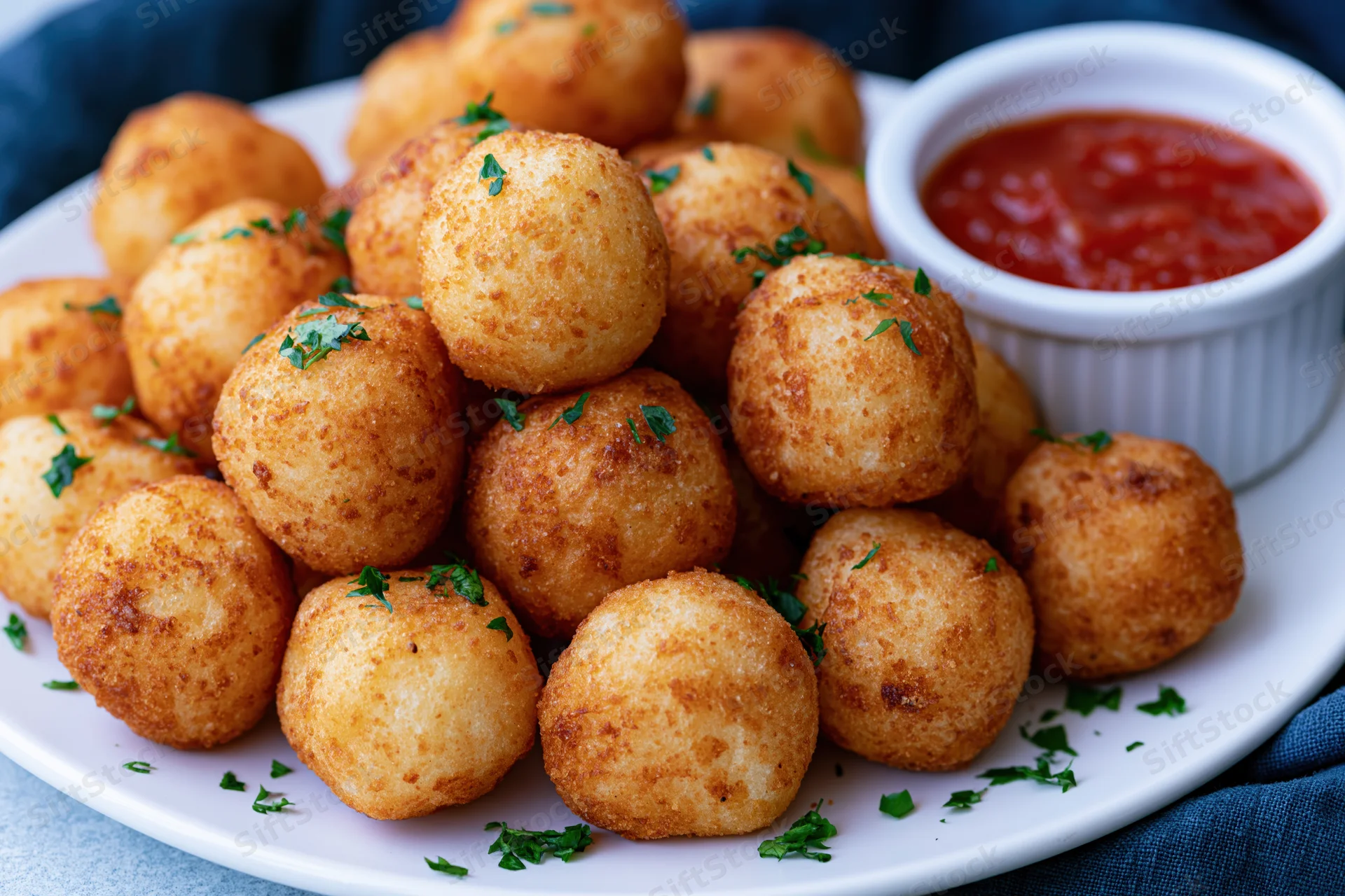 Golden-brown fried potato balls piled on a white plate with parsley garnish and ketchup sauce in a small bowl