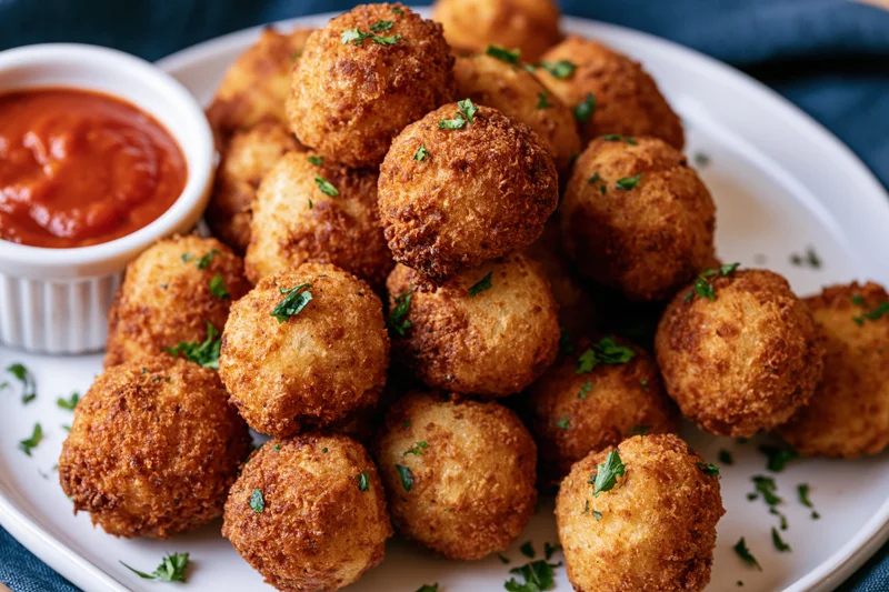 Golden-brown fried potato balls piled on a white plate with a side of tomato sauce and parsley garnish