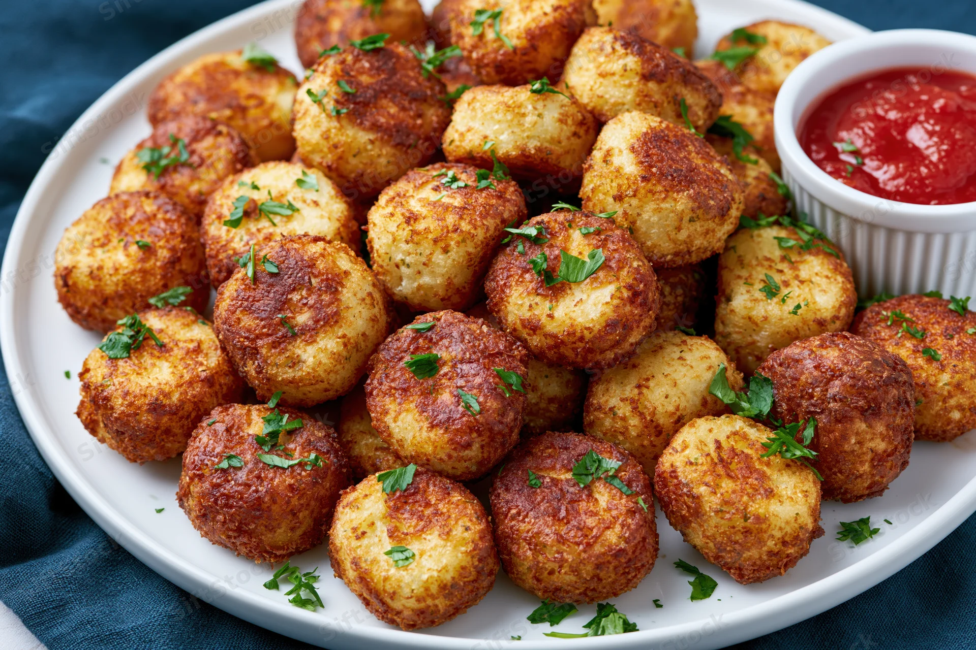 Golden-brown fried potato balls garnished with parsley on a white plate with ketchup sauce on the side