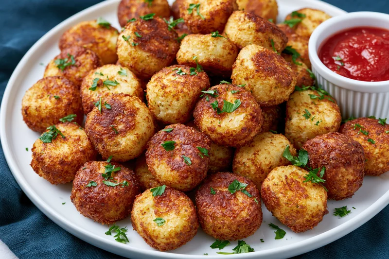 Golden-brown fried potato balls garnished with parsley on a white plate with ketchup sauce on the side