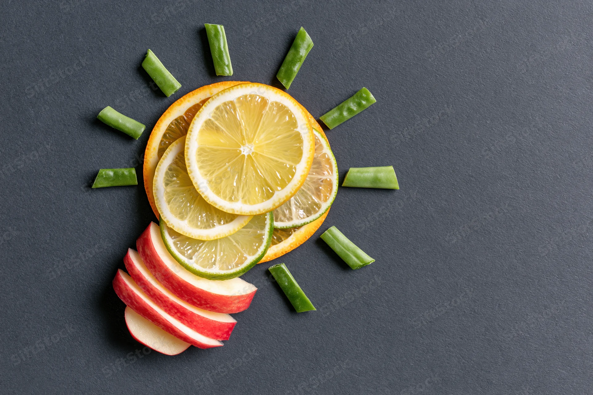 Citrus fruit slices arranged in lightbulb shape on dark surface