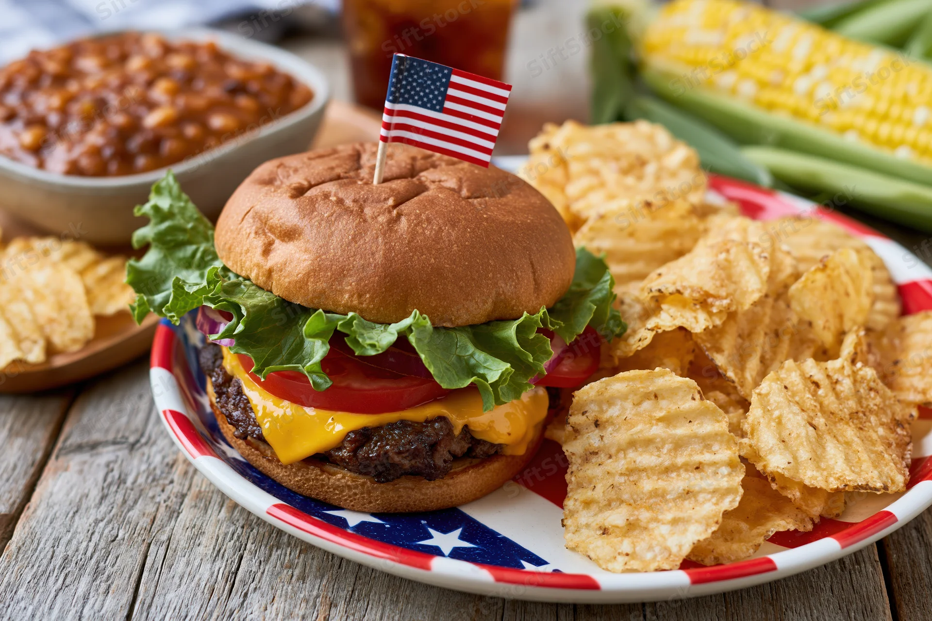 Cheeseburger with lettuce tomato onion and american flag on patriotic plate with chips corn and beans on wooden table